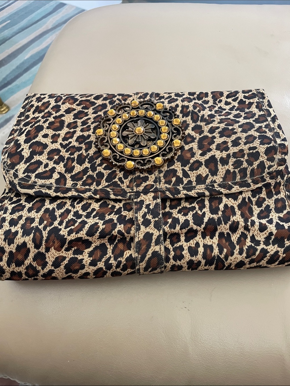 Leopard Print Foldover jewelry/ makeup bag great for travel or organizing
